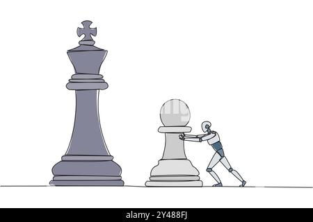 Single continuous line drawing smart robot future technology push huge pawn chess piece. Business strategy and marketing plan. Strategic move in busin Stock Vector