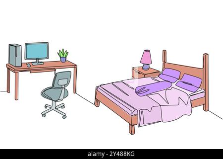 Continuous one line drawing stylish bedroom with full furniture modern. Spacious modern design. Equipped with a computer for technology needs. Cozy ro Stock Vector