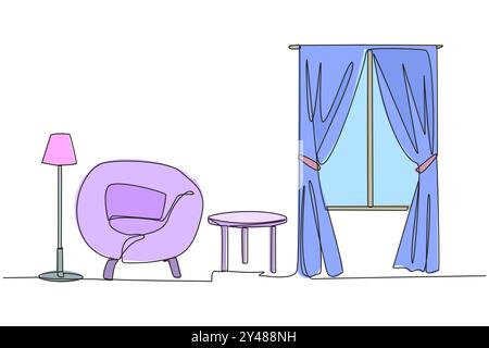 Single continuous line drawing stylish family room with full furniture modern. Scandinavian interior design. Minimalist interior with large opening an Stock Vector