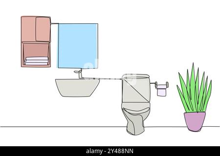 Single continuous line drawing stylish bathroom with full furniture modern. Well maintained dry type bathroom. Hygienic bathroom. Simple design interi Stock Vector