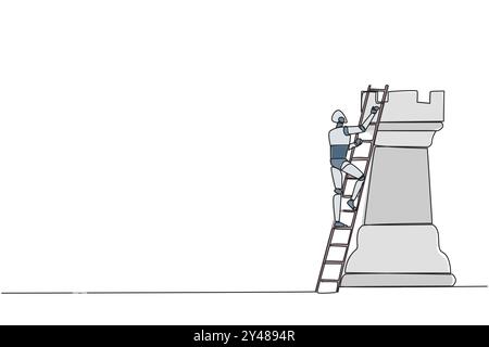 Single continuous line drawing smart robotic climb huge rook chess piece with ladder. Business strategy and marketing plan. Strategic move in business Stock Vector