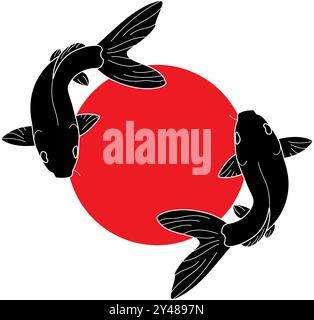 Vector Art of Two Koi Carp Fishes on Painted Red Circle Illustration. Designs for T-shirts, Tattoos, Stickers, Gaming Logos or Posters Stock Vector