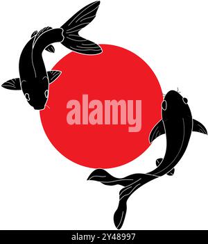 Vector Art of Two Koi Carp Fishes on Painted Red Circle Illustration. Designs for T-shirts, Tattoos, Stickers, Gaming Logos or Posters Stock Vector