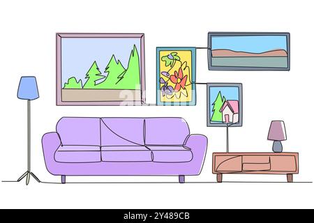Continuous one line drawing stylish family room with three soft seat sofa. Scandinavian interior design with wood as the main material for furniture. Stock Vector