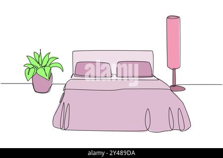 Single one line drawing stylish room with full furniture modern. Fully furnished. Flat design minimalist interior. Comfortable bedroom with floor lamp Stock Vector