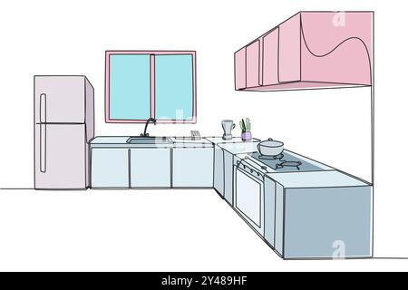 Single one line drawing stylish kitchen with full furniture modern. Equipped with full kitchen set. Cooking more fun with complete equipment. Cozy kit Stock Vector