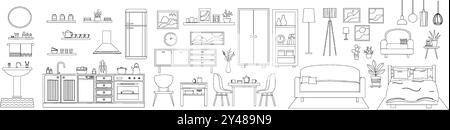 Set of modern furniture in line art style. Outline furniture for Llving room, bedroom, kitchen. Stock Vector