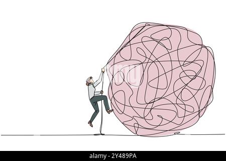 Continuous one line drawing businesswoman climbs heavy mess circle with rope. Trying to lay anxiety at the feet. For clarity of thought. Smart work ha Stock Vector