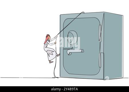 Continuous one line drawing Arab businessman climbs safe deposit box with the rope. Helps secure important company data. Stored in a safe and trusted Stock Vector