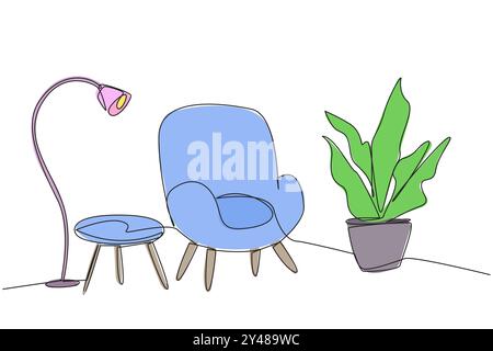 Single continuous line drawing stylish room with full furniture modern. Clean room used to relax on weekend. Soft chairs are equipped with floor lamps Stock Vector