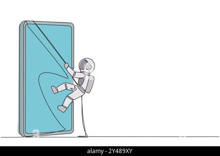 Single one line drawing astronaut climbing smartphone with rope. Improve business relationships. Massively contact old friends. Connected to each othe Stock Vector