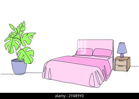 Single one line drawing stylish bed room with full furniture modern. Modern minimalist design. Comfortable bedroom with a comfortable mattress. Cozy r Stock Vector
