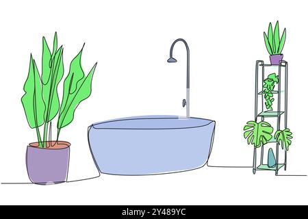 Continuous one line drawing stylish bathroom with furniture modern. bathroom in the staycation location. Natural feel. Maintain neatness and cleanline Stock Vector