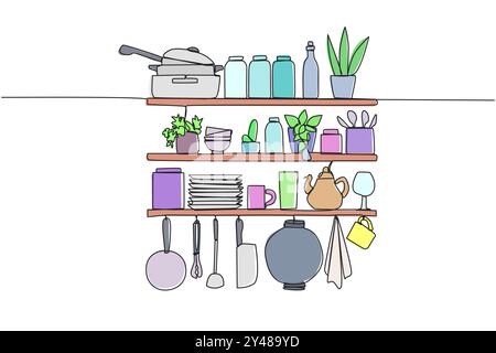 Single one line drawing cooking utensils in one vector image. Wall rack full of cooking utensils. Elegant layout. Neat for easy finding of cooking ute Stock Vector