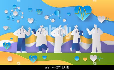 Medical professionals teamwork healthcare concept paper cut style silhouettes heartbeat icons molecular structures colorful background Stock Vector
