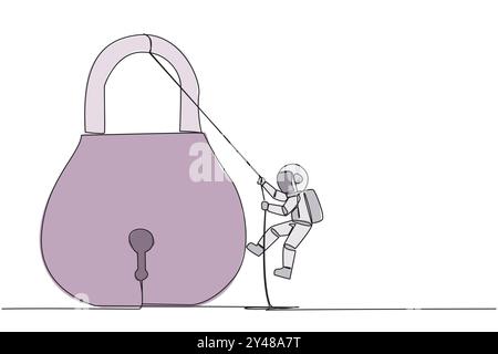 Single continuous line drawing astronaut climbing padlock with rope. Do the best to privatize the business. Sole owner. The result of smart hard work. Stock Vector