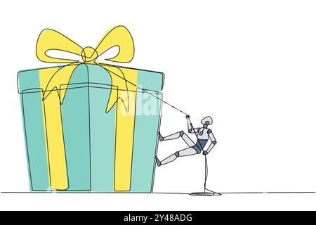 Single continuous line drawing smart robot climbing gift box with rope. Struggle persistently to achieve the desired reward. Hard work. Sincere work. Stock Vector