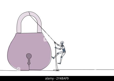 Single one line drawing smart robot climbing padlock with rope. Do the best to privatize the business. Sole owner. The result of smart hard work. Sati Stock Vector