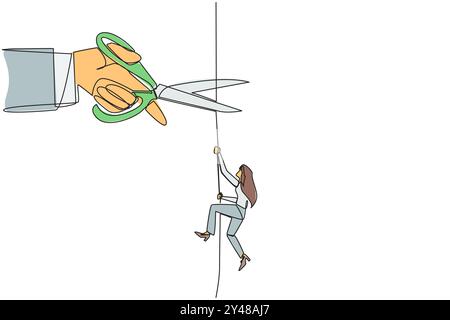 Single continuous line drawing businesswoman climbing rope. Metaphor of struggling to advance business. Business failed to develop. Sabotaged by busin Stock Vector