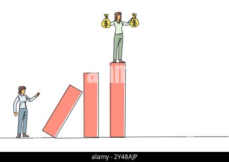 Single continuous line drawing businesswoman standing on the bar lifting the money bag. Fake partner. The envy friend. Sabotage happiness. The traitor Stock Vector