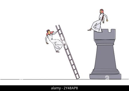 Single one line drawing Arab businessman kicks rival who climbs the chess rook with ladder. Wrong move. Wrong strategy. Plan leaked by colleague. Trai Stock Vector