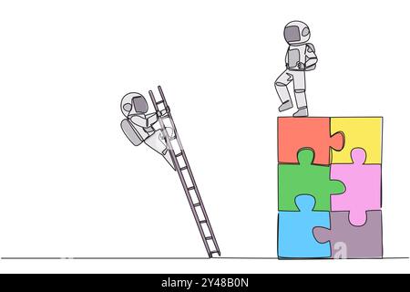 Single continuous line drawing the astronaut kicks opponent who climbing the puzzle with the stairs. Betrayed by colleague when successfully resolving Stock Vector