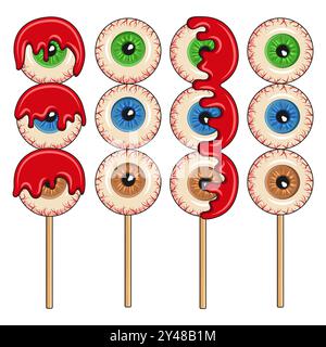 Set of color illustrations with eye candy on stick for Halloween. Isolated vector objects on white background. Stock Vector