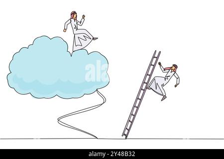 Continuous one line drawing Arab businessman kicks rival who climbs cloud with ladder. Perfect achievement in business. Bring down competitors in any Stock Vector