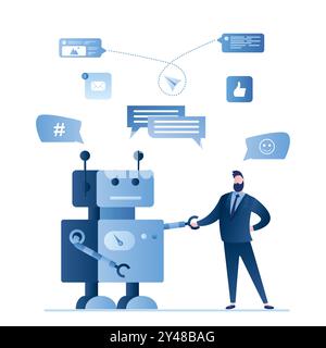 Handsome businessman and robot handshake. Human And Artificial intelligence talking and negotiating. Male character, Ai and signs isolated on white ba Stock Vector