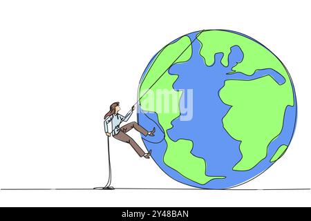 Single one line drawing businesswoman climbing the globe with rope. Trying dominate world with massive business expansion. Success reach top of the wo Stock Vector