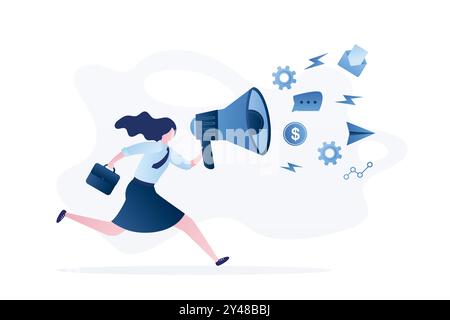 Public relations and affairs. Pr manager communicate. PR agency and jobs concept banner. Woman holding loudspeaker and running. Female character in tr Stock Vector