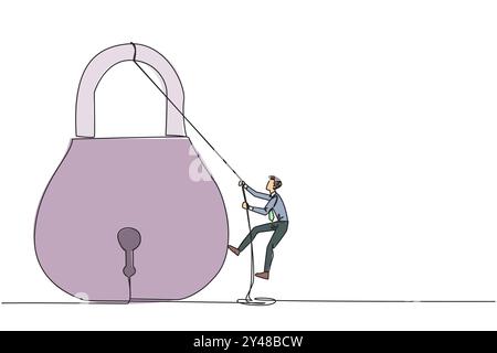 Single continuous line drawing businessman climbing padlock with rope. Do the best to privatize the business. Sole owner. The result of smart hard wor Stock Vector