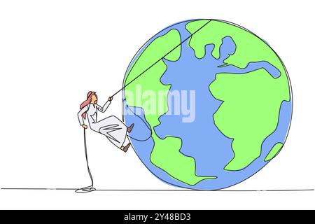 Continuous one line drawing Arab businessman climbs globe with rope. Trying dominate world with massive business expansion. Success reach top of the w Stock Vector