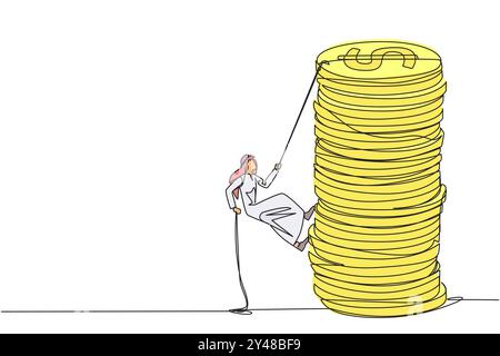 Single one line drawing Arab businessman climbs stack of coins with rope. Entrepreneur trying hard climbing the rope to reach top of coins. Better fut Stock Vector