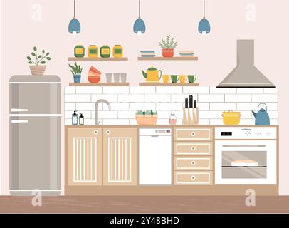 Kitchen with furniture. Kitchen interior with stove, cupboard, dishwasher,shelves, kitchenware, fridge, lamps. Flat design. Stock Vector