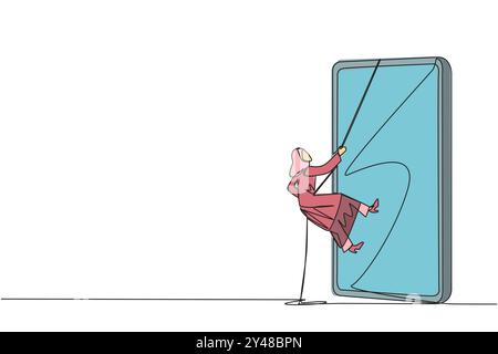 Single one line drawing Arab businesswoman climbs smartphone with rope. Improve business relationship. Massively contact colleague. Connected to each Stock Vector