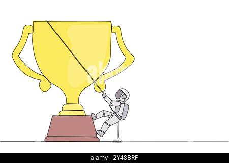 Single continuous line drawing young astronaut climbing the trophy with rope. Expanding branding by winning many awards. Connecting relationships. Sma Stock Vector