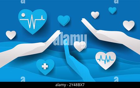 Healthcare hands holding hearts medical theme. Blue background with white and blue hearts hands supporting healthcare symbols waves design. Paper cut Stock Vector