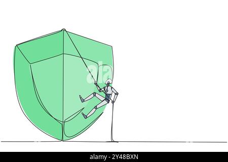 Single one line drawing smart robot climbs shield with rope. Working to help clients secure servers from virus attacks. Check each layer. Smart work h Stock Vector