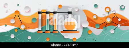 Laboratory equipment with test tubes and molecular structures colorful abstract background paper cut style Stock Vector