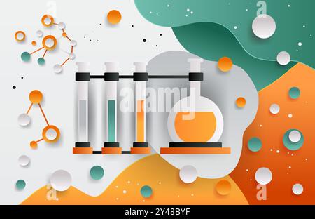 Science laboratory equipment colorful paper cut style. Test tubes beaker molecular structures vibrant abstract shapes orange green white background Stock Vector