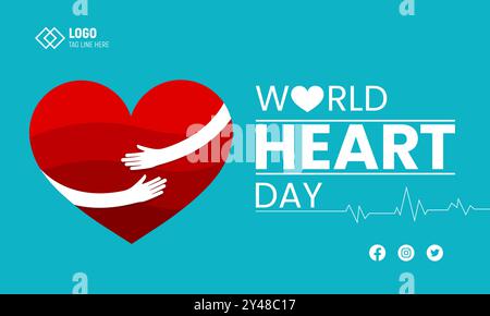 World Heart Day social media post design with abstract heart shape, hand care sign, and heartbeat Stock Vector