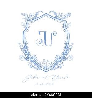 Elegant wedding floral crest with J and U initial monogram logo. Vector illustration Stock Vector