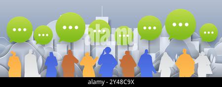 Social communication concept people silhouettes cityscape. Colorful silhouettes of people with green speech bubbles in front of a modern city Stock Vector