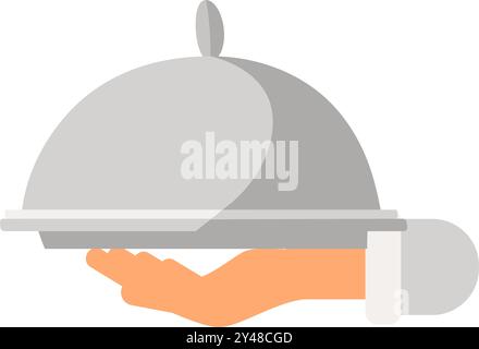 A hand holding a serving dish with a cover in cartoon style. Cloche, tray lid, or a dome with a plate. Food service and restaurants. Vector colorful i Stock Vector