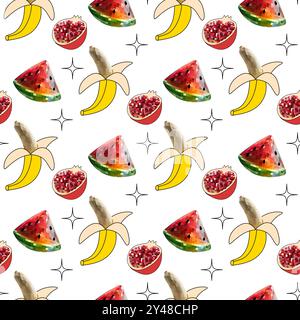 Seamless disco mirror ball pattern watermelon, banana, pomegranate. Mosaic style vector Stock Vector