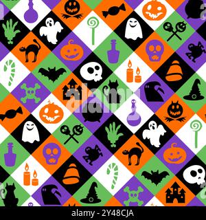 Colorful vector Halloween concept seamless pattern featuring witch hat, zombie hand, spider, ghost, pumpkin, bat, skull, cat, poison, candles, castle, Stock Vector