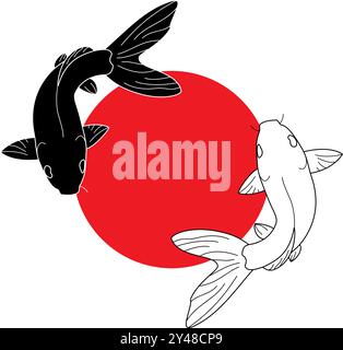 Two fish in a circle in the style of Japanese or Chinese painting, Sumi-e. Vector illustration. Stock Vector