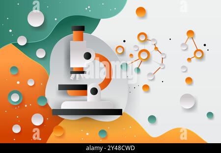 Microscope scientific research molecular structure colorful abstract shapes paper cut style Stock Vector