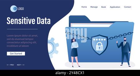 Sensitive Data landing page template. Businesspeople or programmers and security shield. Antivirus security concept background. Characters in trendy b Stock Vector